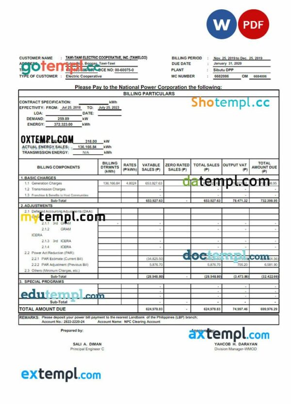 Philippines Tawelco utility bill download Word and PDF example