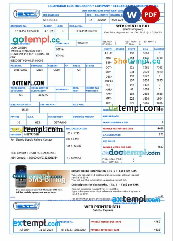 Pakistan IESC utility bill download Word and PDF example