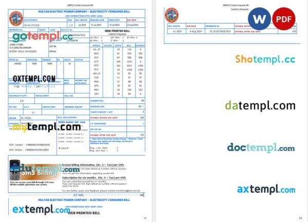Pakistan Multan Electric Power utility bill Word and PDF template, version 2, 2 pages