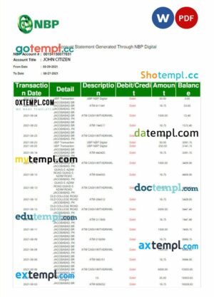 PAKISTAN NBP bank statement 3 - 6 months Word and PDF example