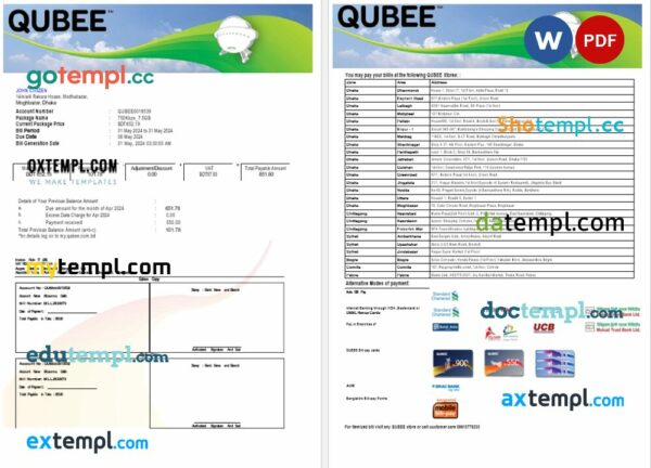 Pakistan Qubee utility bill Word and PDF template, 2 pages