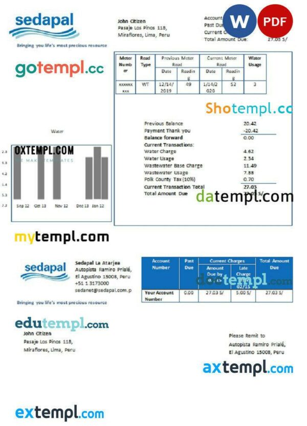 Peru Sedapal La Atarjea water utility bill template in Word and PDF format