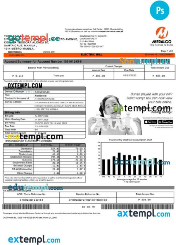 Philippines Meralco electricity utility bill template, fully editable in PSD format