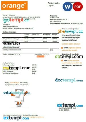 Poland Orange utility bill template in Word and PDF format