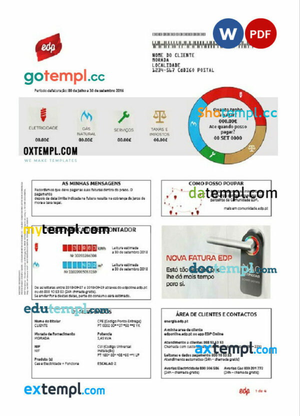 Portugal EDP utility bill template in Word and PDF format, good for address prove