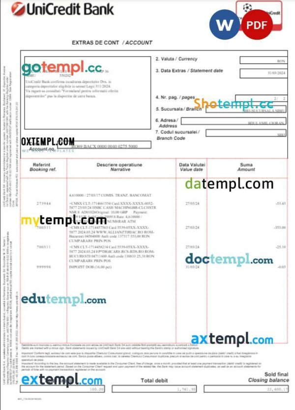Romania Unicredit bank statement Word and PDF template, 2 pages - Image 2