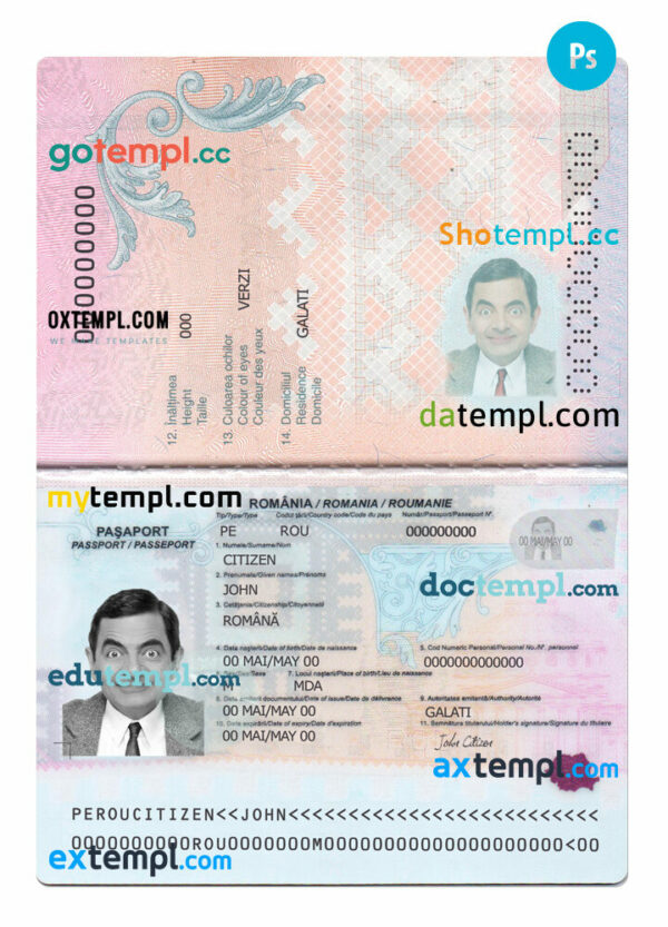 Romania passport editable PSD files, scan and photo look templates, 2 in 1, 2021-present - Image 2