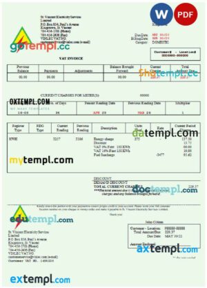 Saint Vincent and the Grenadines St. Vincent Electricity Services Limited utility bill Word and PDF template