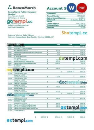 Spain BancaMarch bank statement Word and PDF template