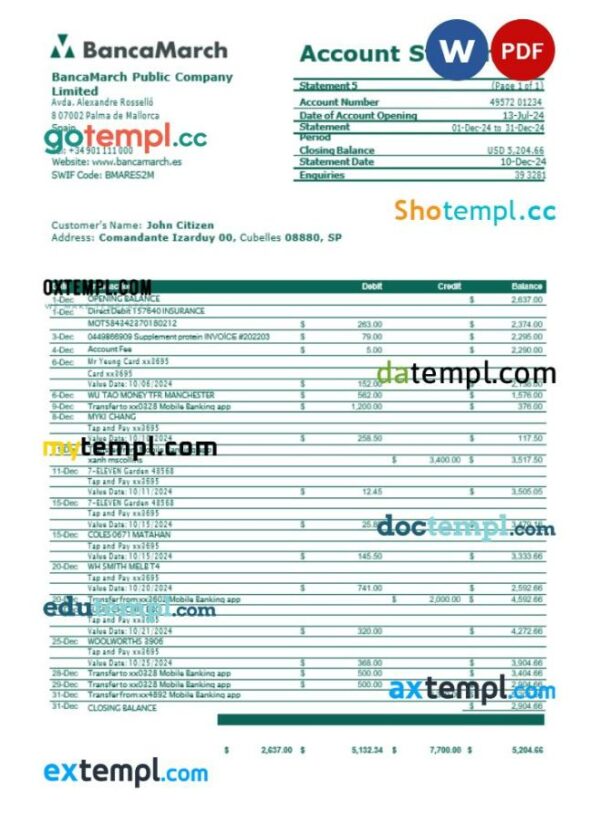 Spain BancaMarch bank statement Word and PDF template