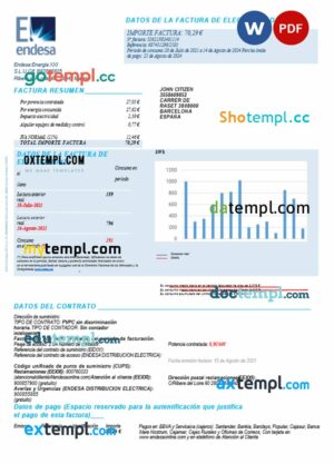 Spain Endesa utility bill download Word and PDF example