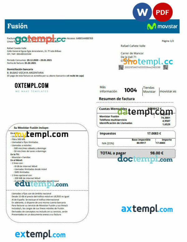 Spain Movistar Fusion telecom operator utility bill document in Word and PDF format