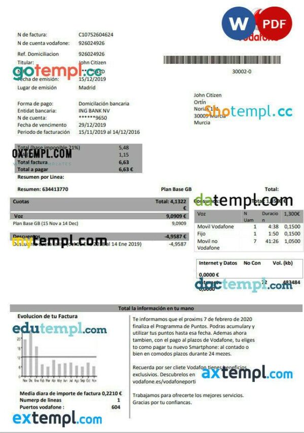 Spain Vodafone telecommunications utility bill template in Word and PDF format