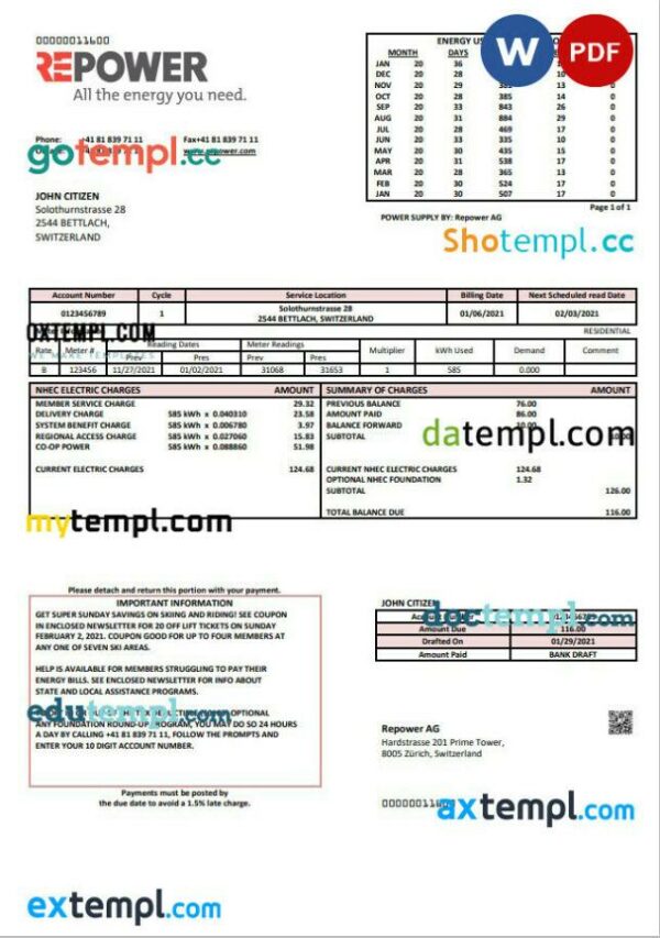 Switzerland Repower AG utility bill template, fully editable in Word and PDF format