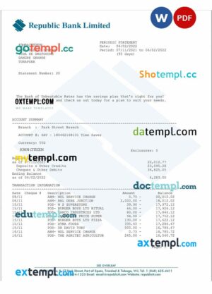 TRINIDAD AND TOBAGO REPUBLIC BANK LIMITED statement Word and PDF example