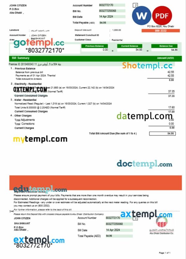 UAE Abu Dhabi Distribution & CO. utility bill download Word and PDF example, version 2