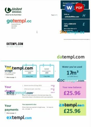 United Kingdom United Utilities utility bill download Word and PDF example