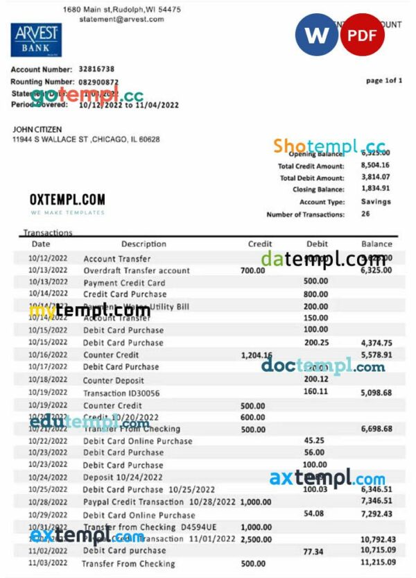 USA ARVEST bank statement 3 - 6 months Word and PDF example