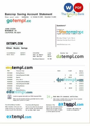 USA Bancorp bank statement 3 - 6 months Word and PDF example