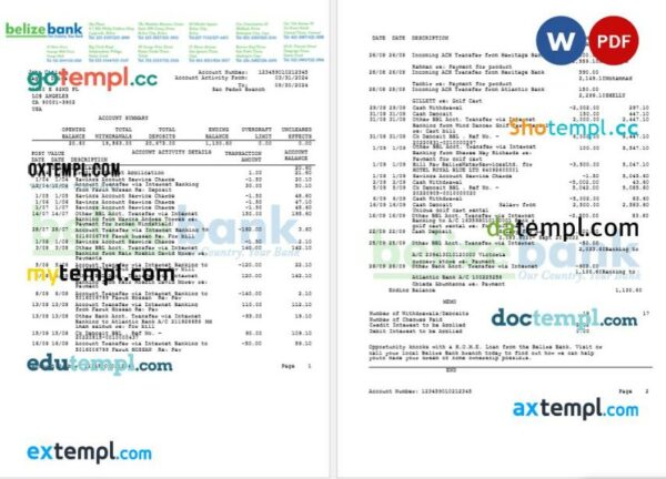 USA Belize Bank statement Word and PDF template, 2 pages