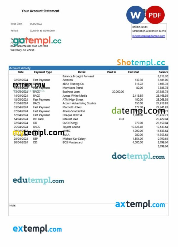 USA Bickslow bank statement Word and PDF template
