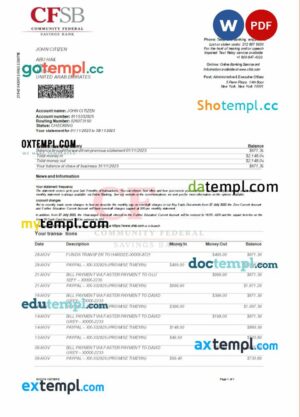 USA CFSB bank statement 3 - 6 months Word and PDF example