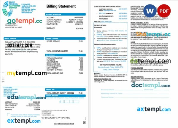 USA CRWWD utility bill Word and PDF template, 2 pages