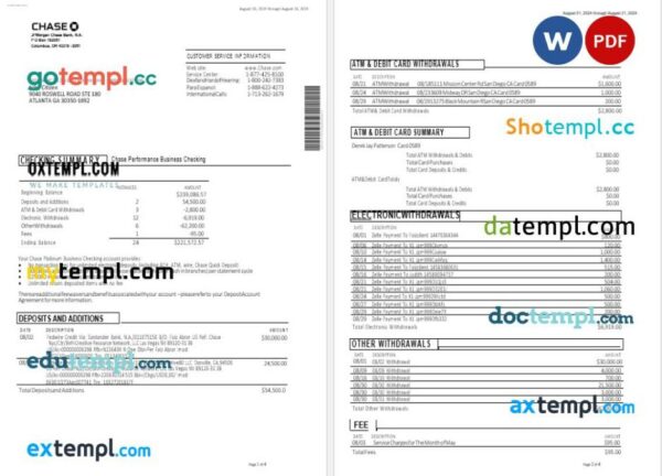 USA Chase bank statement Word and PDF template, 4 pages