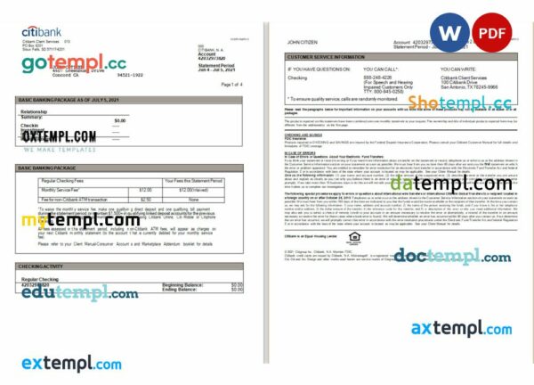 USA Citibank statement Word and PDF example, 6 pages
