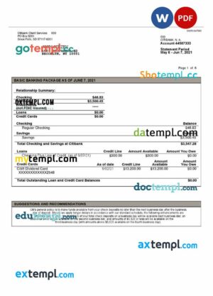 USA CITIBANK statement Word and PDF example, verion 3