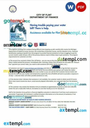 USA City of Flint Michigan Notice to occupant water utility bill shutoff notice, Word and PDF template