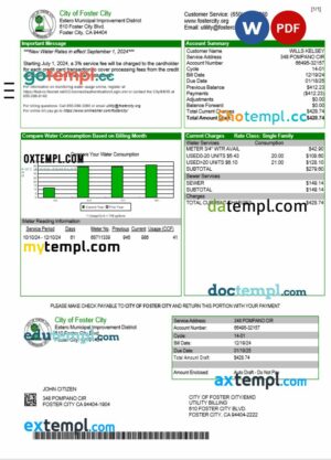 USA City of Foster City utility bill download Word and PDF example