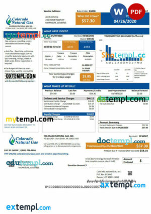 USA Colorado Natural Gas utility bill template in Word and PDF format
