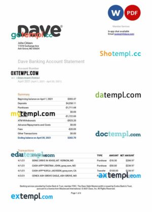 USA DAVE bank statement 3 - 6 months Word and PDF example