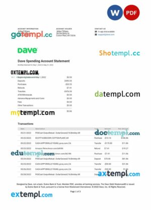USA DAVE bank statement 3 - 6 months Word and PDF example, version 2