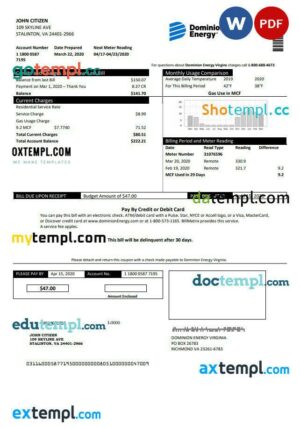 USA Dominion Energy utility bill template in Word and PDF format