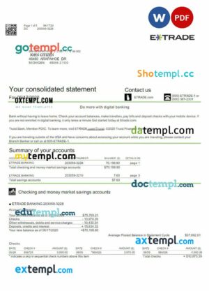 USA ETRADE bank statement 3 - 6 months Word and PDF example