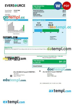 USA Eversource gas utility bill template in Word and PDF format, good for address prove