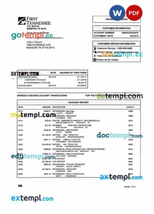 USA FIRST TENNESSEE bank statement 3 - 6 months Word and PDF example