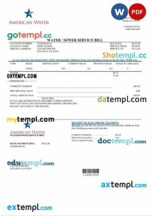 USA Georgia American Water utility bill template in Word and PDF format