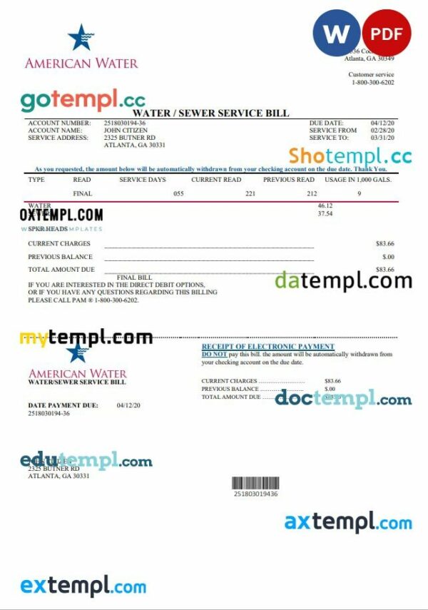 USA Georgia American Water utility bill template in Word and PDF format