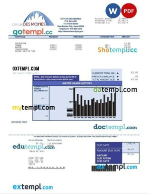 USA Iowa City of Des Moines water utility bill template in Word and PDF format