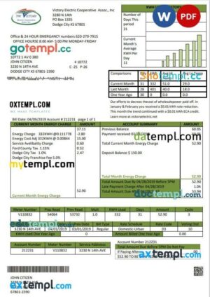 USA Kansas Victory Electric utility bill template in Word and PDF format
