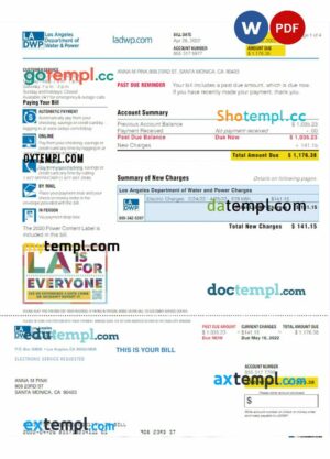 USA LA DWP utility bill download Word and PDF example