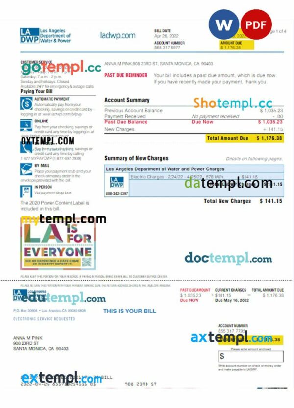 USA LA DWP utility bill download Word and PDF example