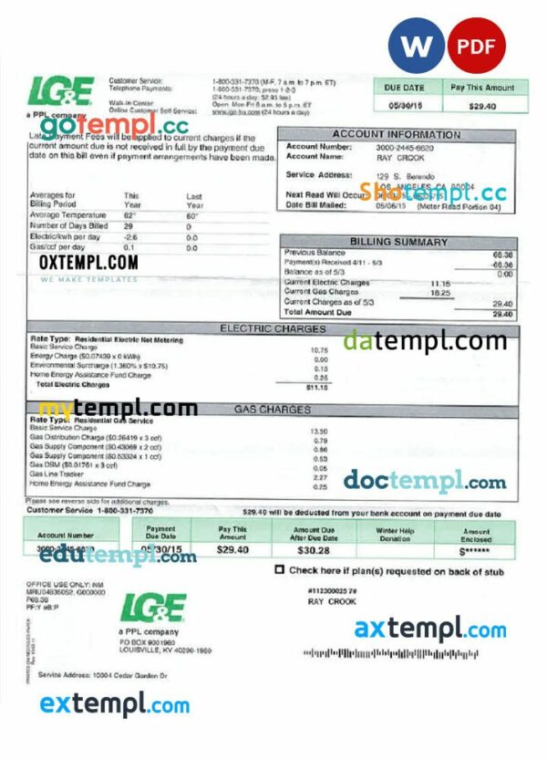 USA LG&E utility bill download Word and PDF example