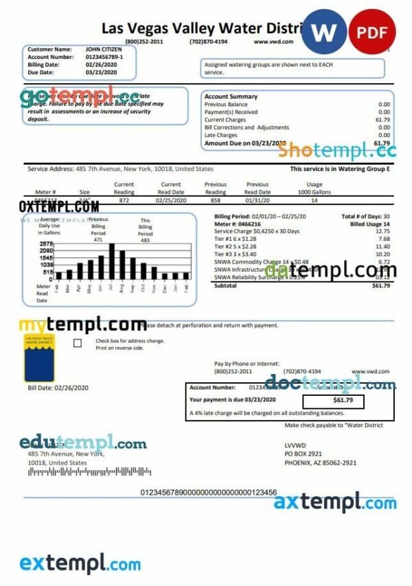 USA Las Vegas Valley Water District (LVVWD) utility bill template in Word and PDF format