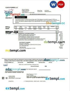 USA Louisiana Cleco Power electricity utility bill template in Word and PDF format