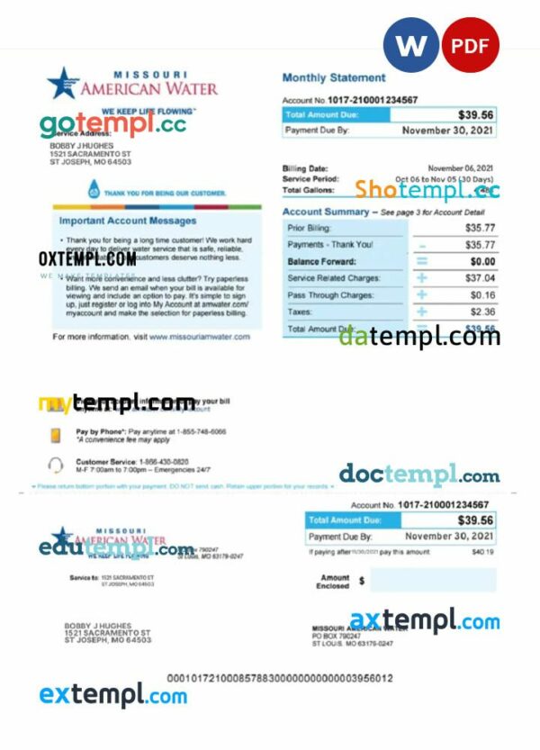 USA MISSOURI AMERICAN WATER utility bill download Word and PDF example