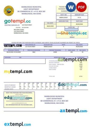 USA Marblehead Municipal Light Department utility bill template in Word and PDF format